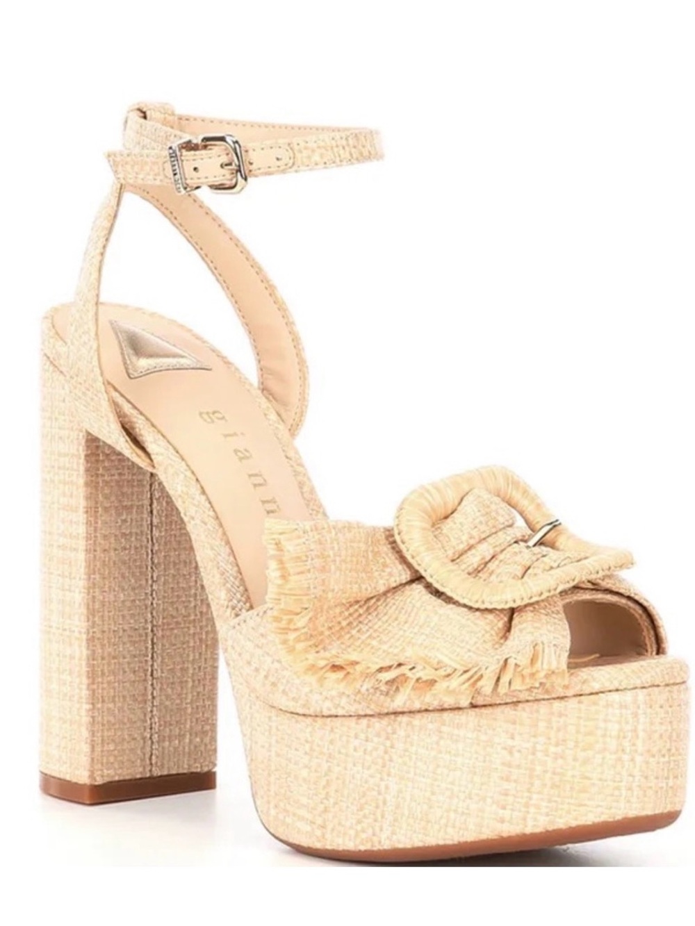 Gianni Bini Raffia fringe asymmetrical bow block heel. Brand new